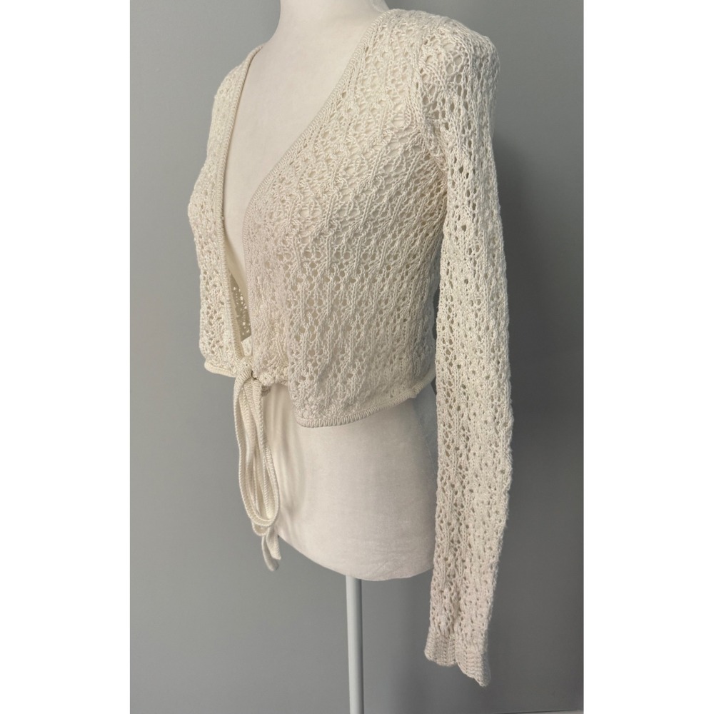 Aeropostale Women's Cream Open Knit Tie Front Cropped Cardigan Sweater Boho XS - Picture 9 of 10